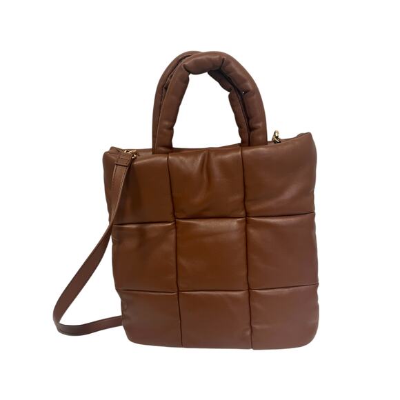 AQUA Brown Faux Leather Polyurethane Puffer Quilted Crossbody Tote Bag - Picture 2 of 4